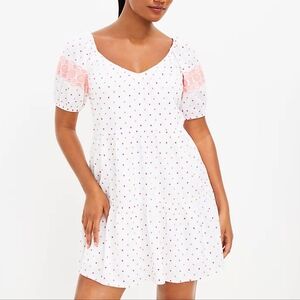 LOFT dotted embroidered v neck tiered swing mini dress, xs, white